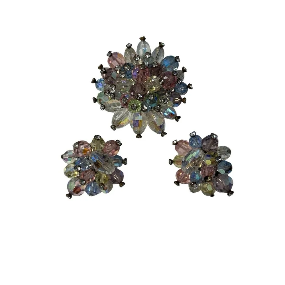 Vintage Signed Vendome Rhinestone beaded Brooch Pin Clip On‎ Earrings Set