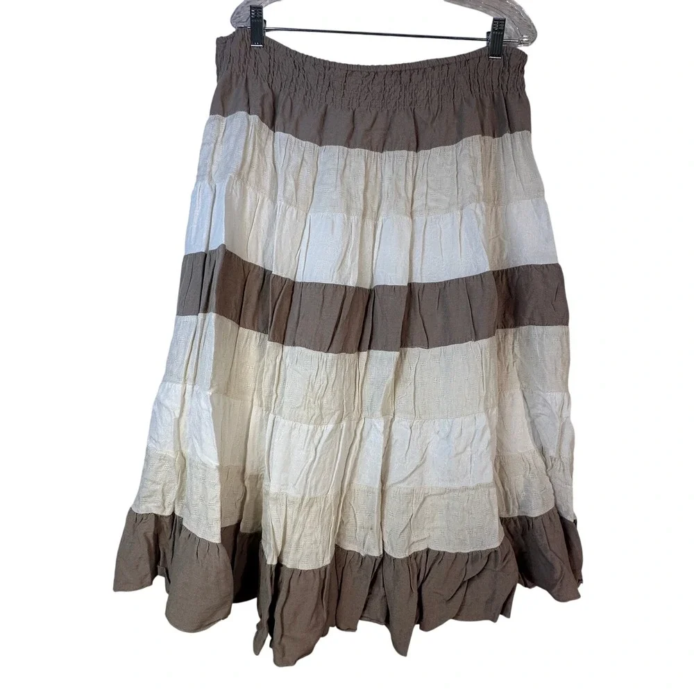 Coldwater Creek XL Taupe Cream Tiered Boho Midi Skirt Rayon Linen Cotton Smocked
