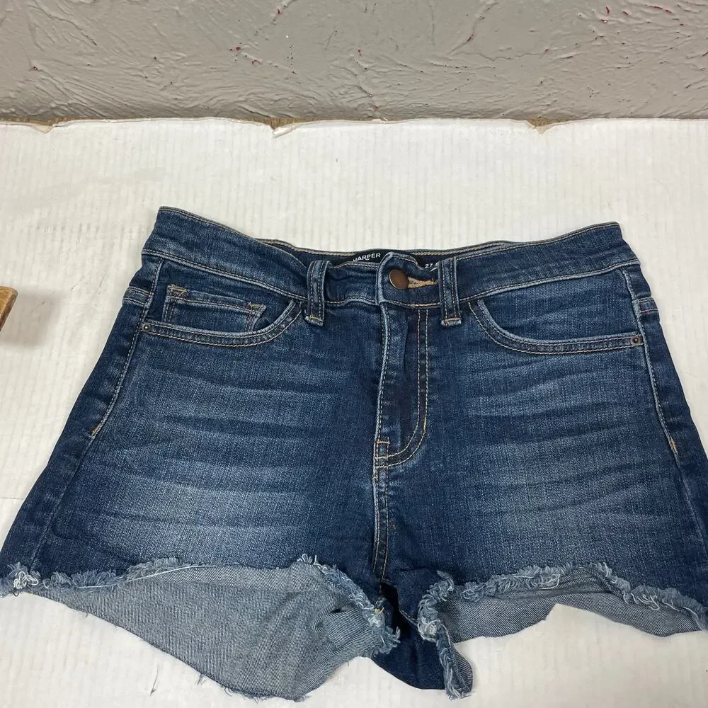 Harper Blue High Rise Cut-Off Hem Dark Wash Zip Fly Boyfriend Shorts‎ Womens 27