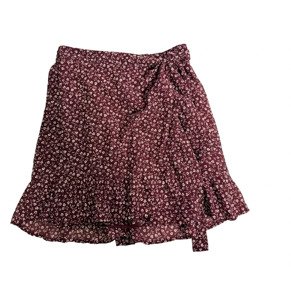 Hollister Skirt Womens Small Red Floral Wrap Ruffle Mini Lined High Rise Chiffon