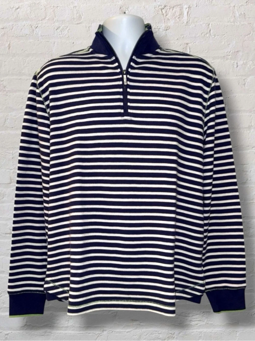 Robert Graham Classic Fit Quarter Zip Sweater Navy White Stripe Cotton Men’s M