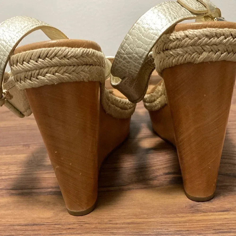 Coach Marian Metallic Silver Wood Platform Wedge Sandals w/Ankle Strap. Size 10.