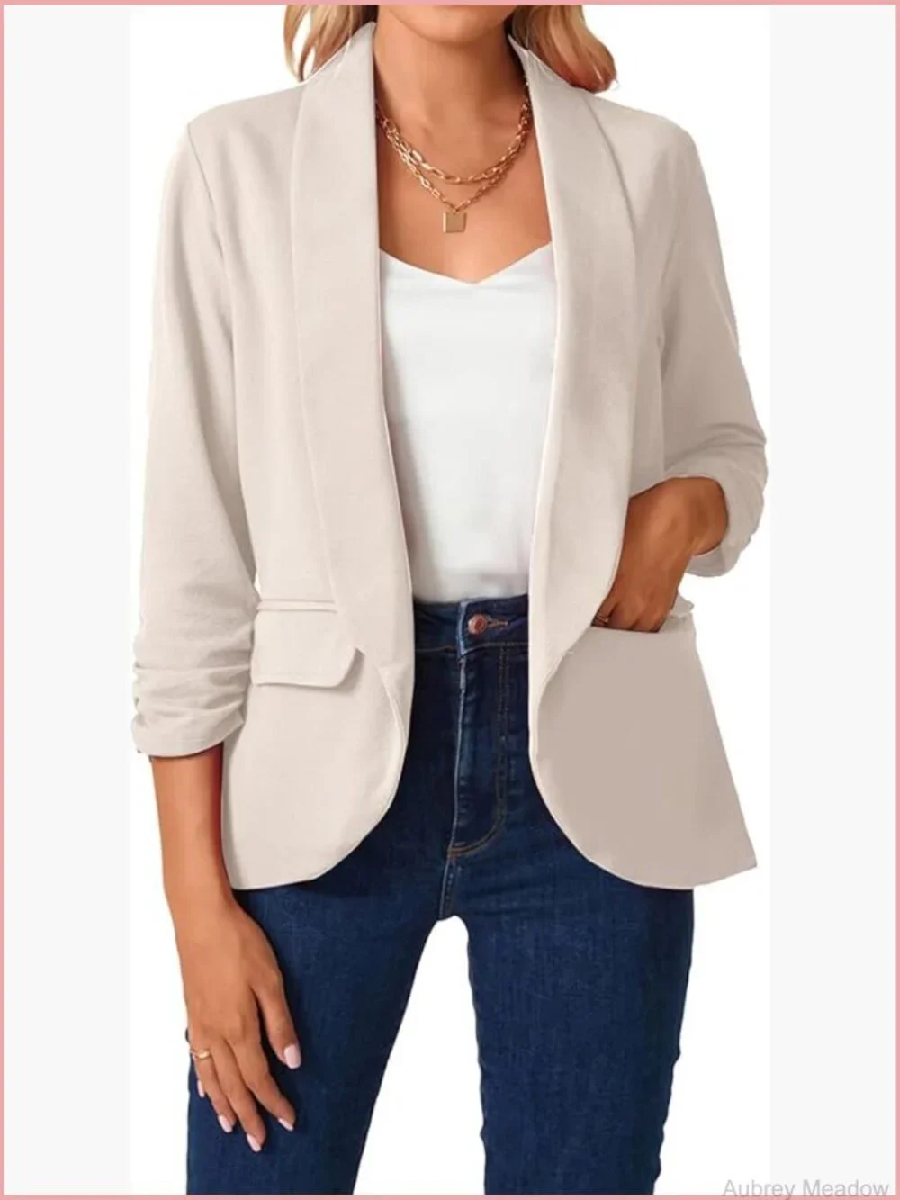 Womens Blazer 3/4 Ruched Sleeve Shawl Collar Business Work Open Front Pockets