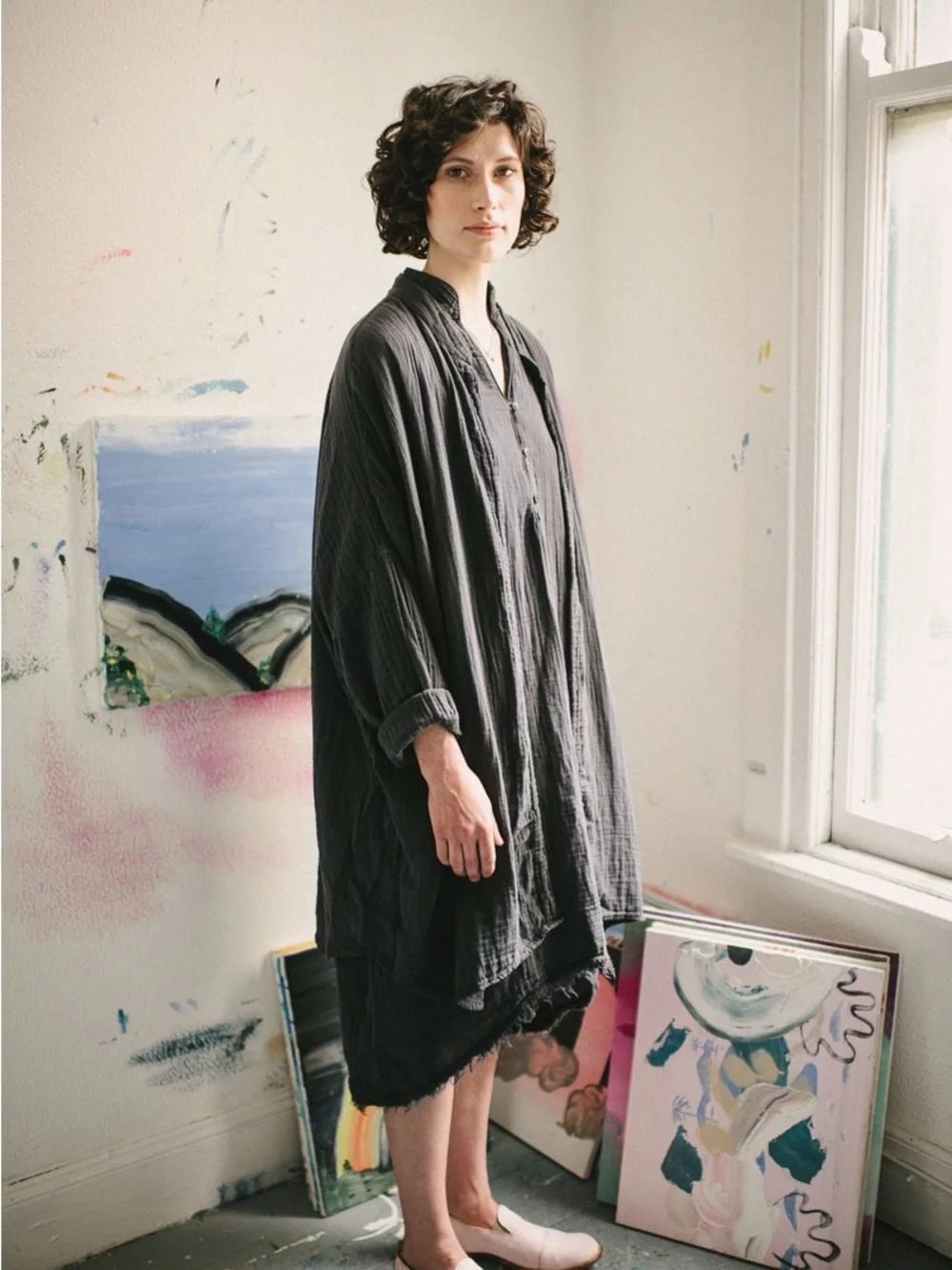 Black Crane Double Gauze Cotton Oversized Raw Edge Dress Dark Grey - Small
