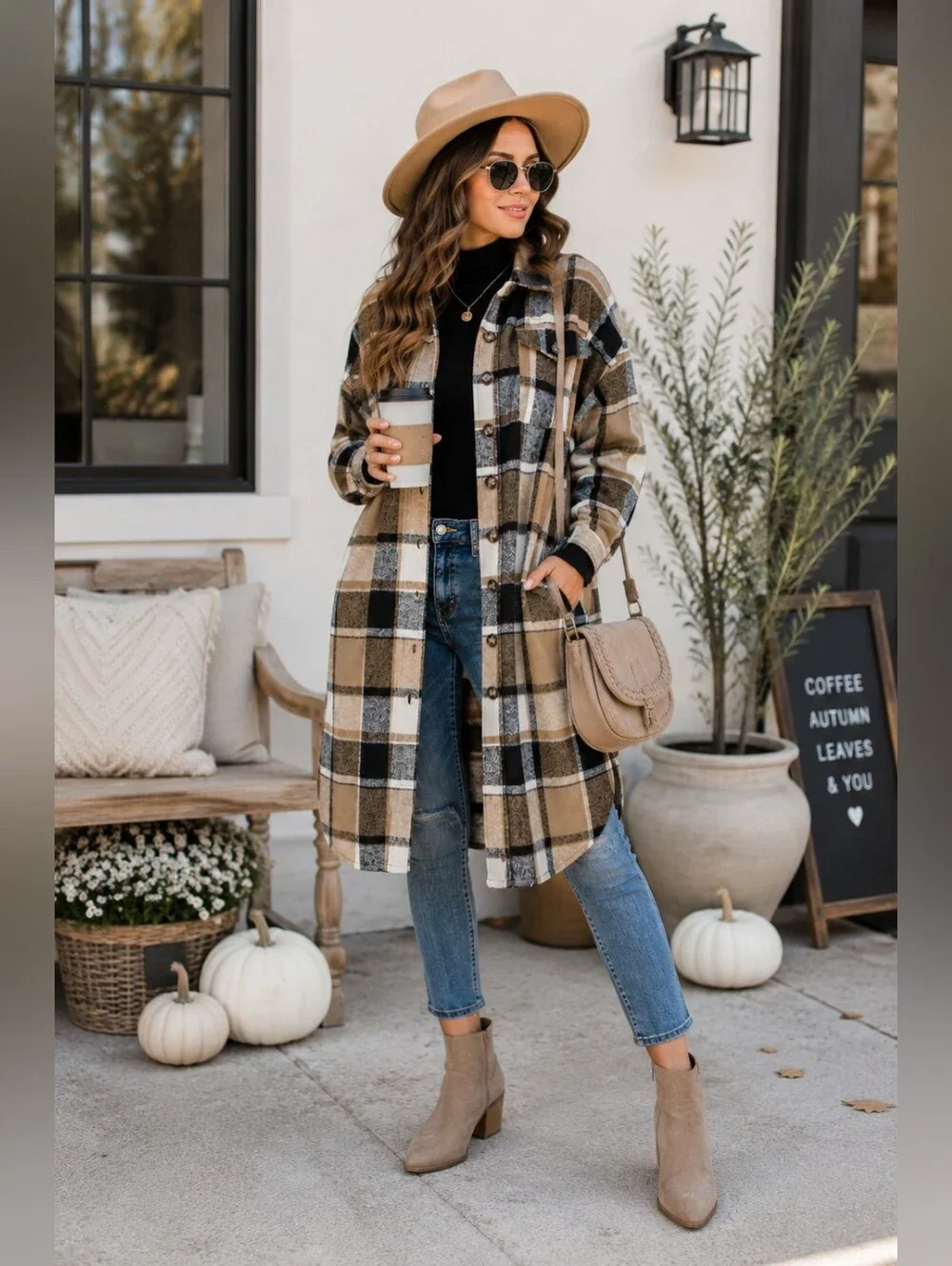 Women's Casual Plaid Long Shacket Shirt Jacket Button Front Oversized Lapel Coat