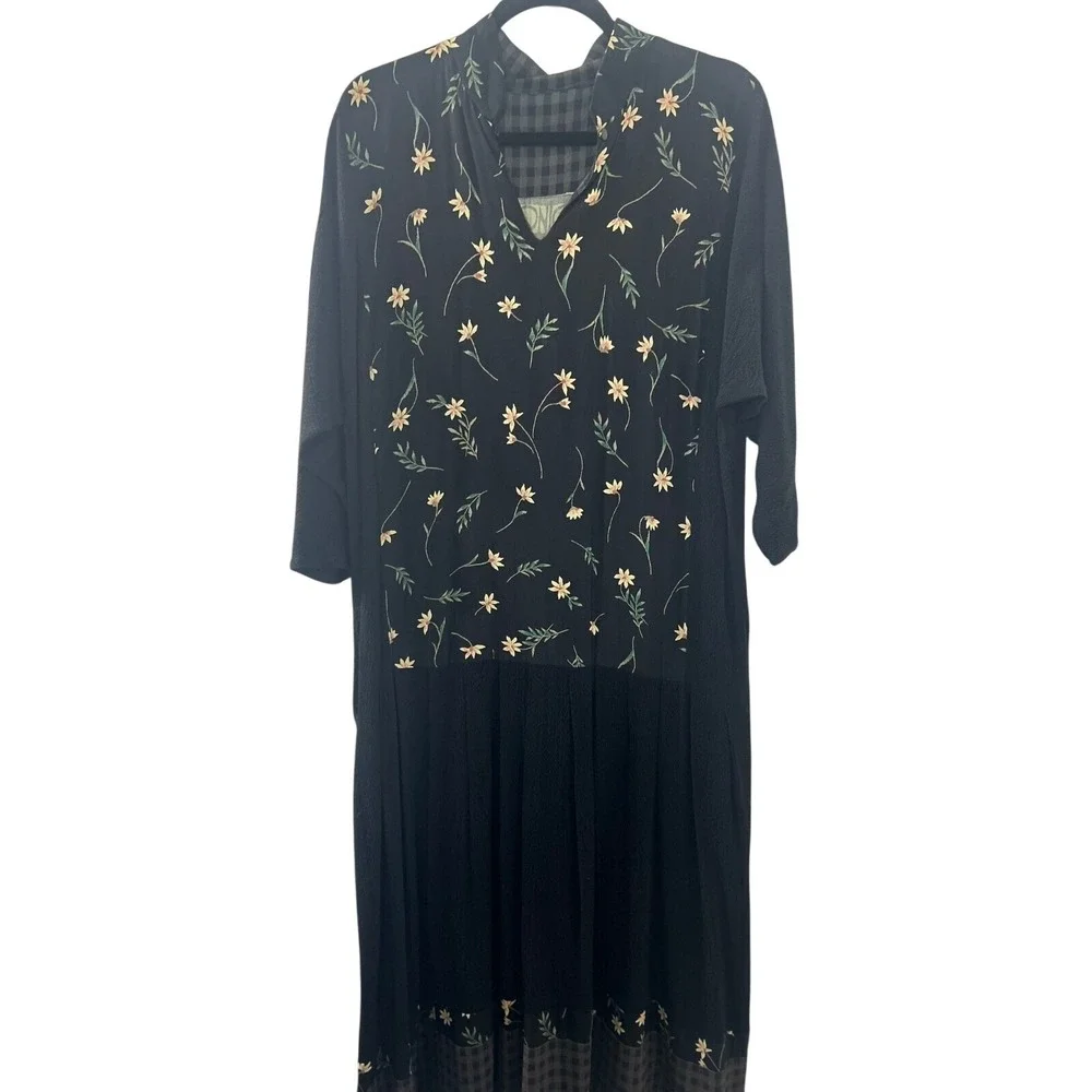 Onion‎ Womens Floral Embroidered Mixed Media Midi Dress Black Gingham Trim 913