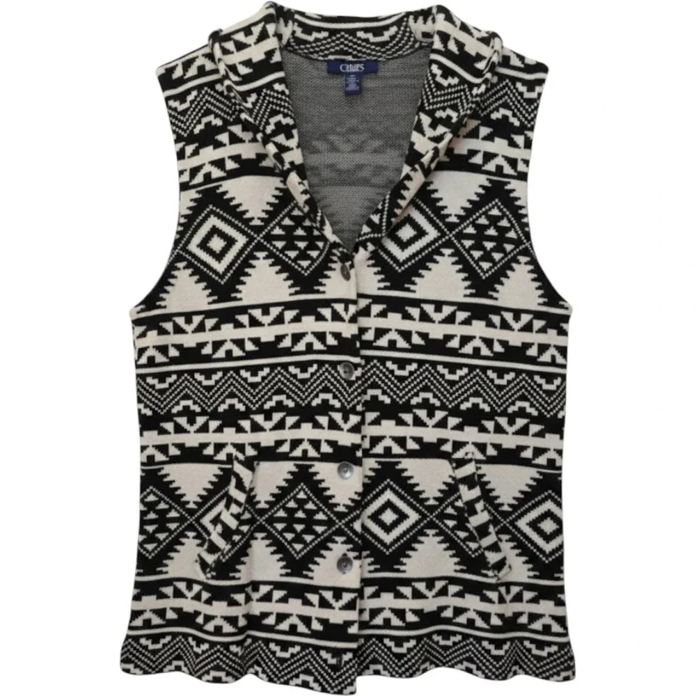 Chaps Black‎ White Geometric Knit Sweater Vest Collared Button Front L/G