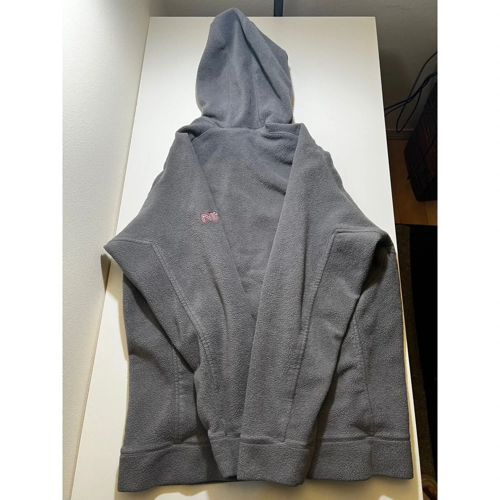 Vintage Nike Mens Hoodie Large Grey Red Center Swoosh Fleece Pullover Y2K