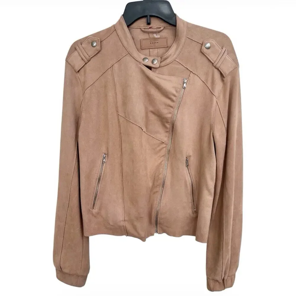 BlankNYC Short Moto Jacket Tan Faux Suede Leather Sz S Zipper Casual