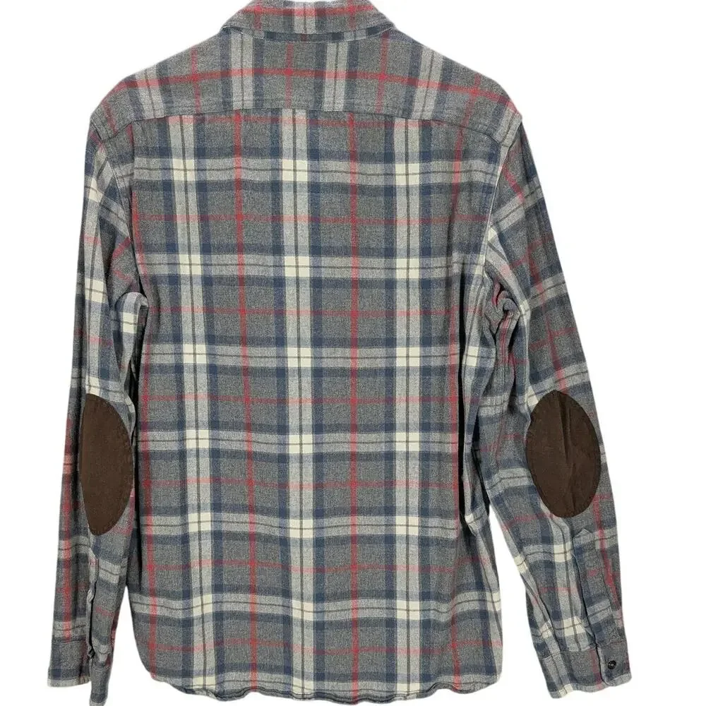 J.Crew Mercantile Flex Shirt Mens Large Gray Blue Plaid Flannel Elbow Patches