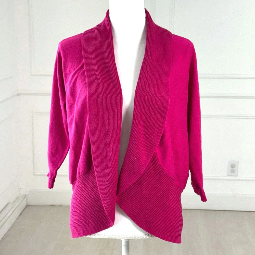 Lauren Ralph Lauren Cardigan Womens 1X Magenta Cotton‎ Ribbed Shawl Shawl Collar