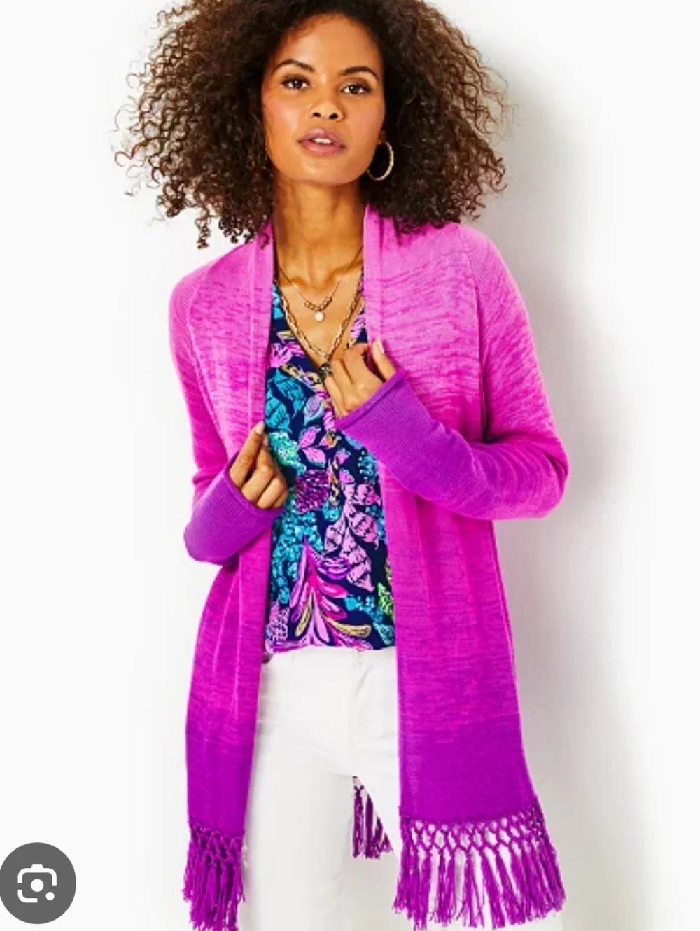 Lilly Pulitzer Fuchsia Pink Open-Front Fringe Cardigan
