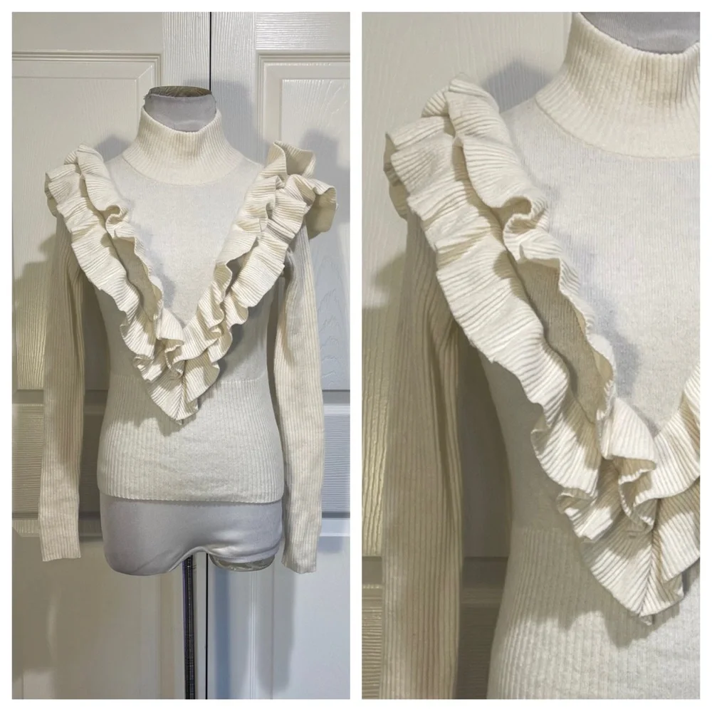 Cinq a Sept Palomino Ruffle Turtleneck Pullover Sweater