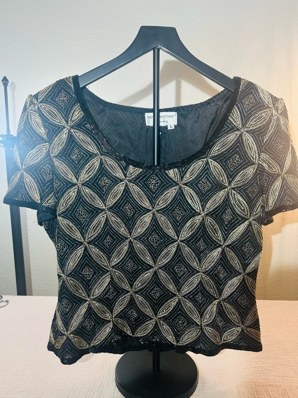 Papell Boutique Black and Gold Embroidered Scoop Neck Top