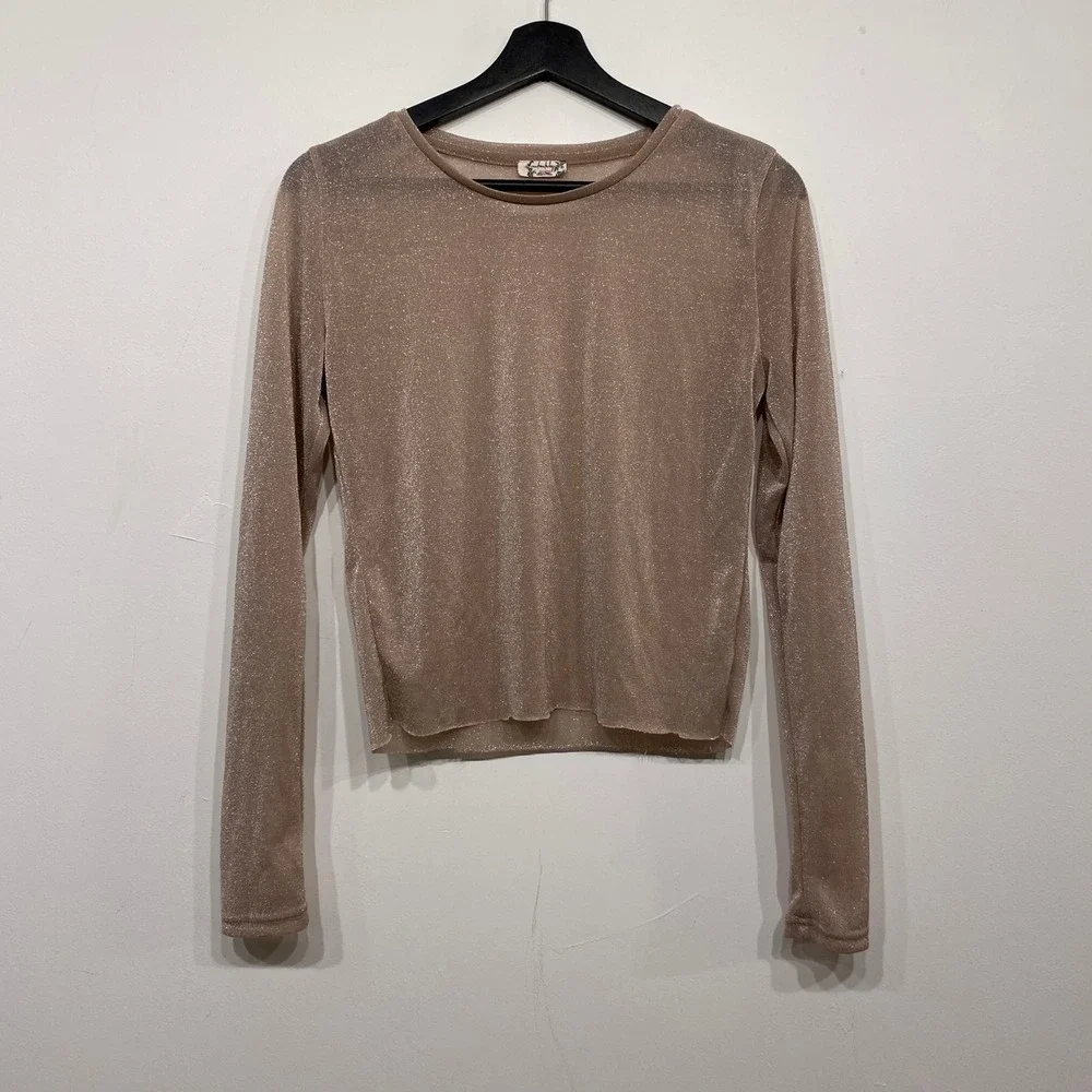 Free People Intimately Metallic Shimmer Long Sleeve Top Champagne Rose Gold M