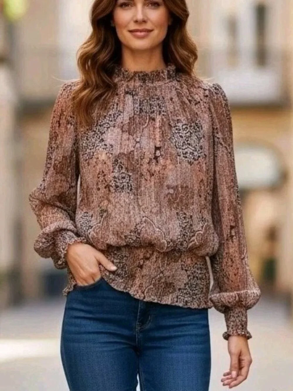 Joie Accordion Pleated Blouson Shirt M Metallic Earth Fairy Office Smock Waist