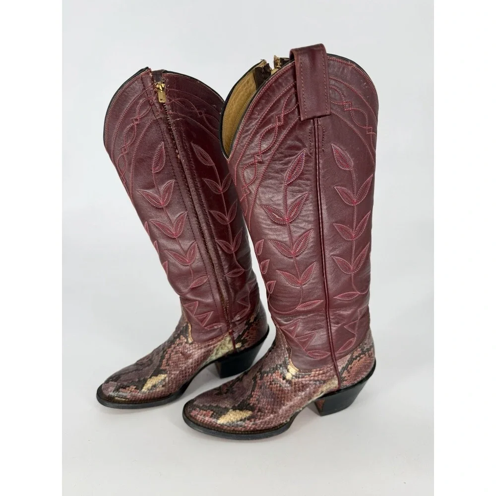 VTG Laramie Womens 9004 Burgundy Snakeskin Leather Western Cowboy Boots Boho
