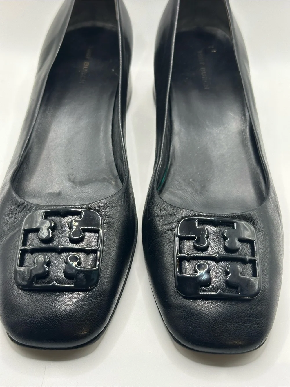 Tory Burch Black Leather Square-Toe Flats with Black Logo Medallion