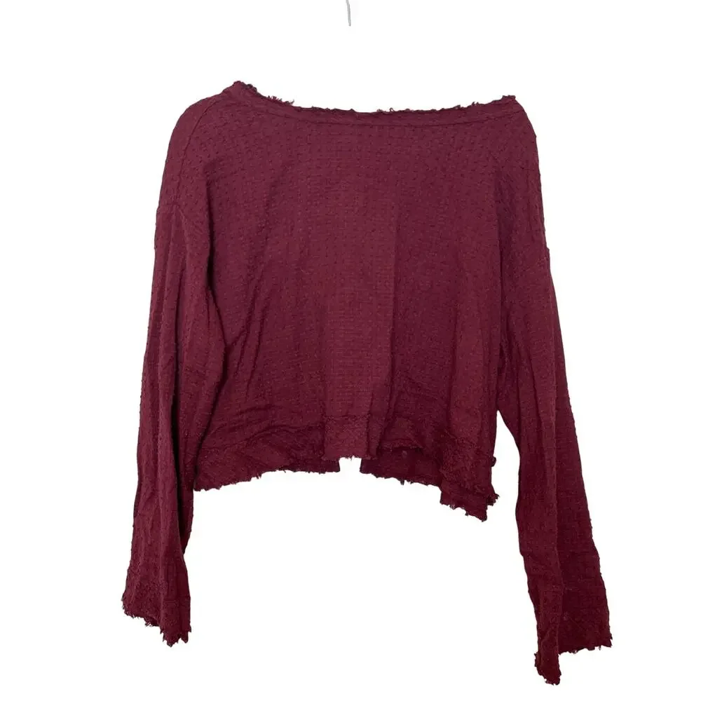 Free People Womens XS Burgundy Boho Long Sleeve Open Back Button Crop Top