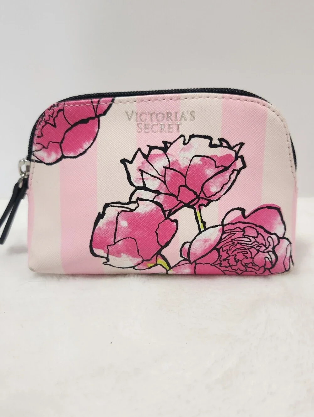 Victorias Secret VS Pink White Strip Floral Flower Mini Makeup Bag Pouch