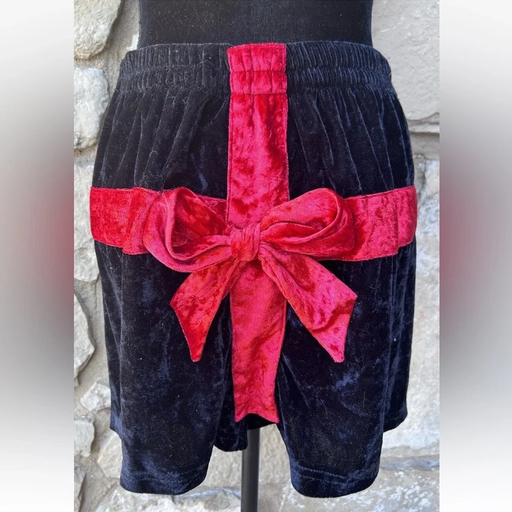 INTIMO Unisex Christmas Boxer Shorts Medium Black Velvet Velour‎ Red Bow EC