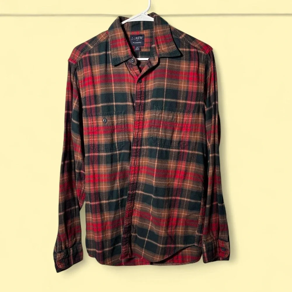 J. Crew Flannel Shirt Men Medium Red Brown Plaid Excellent Long Sleeve Button Up