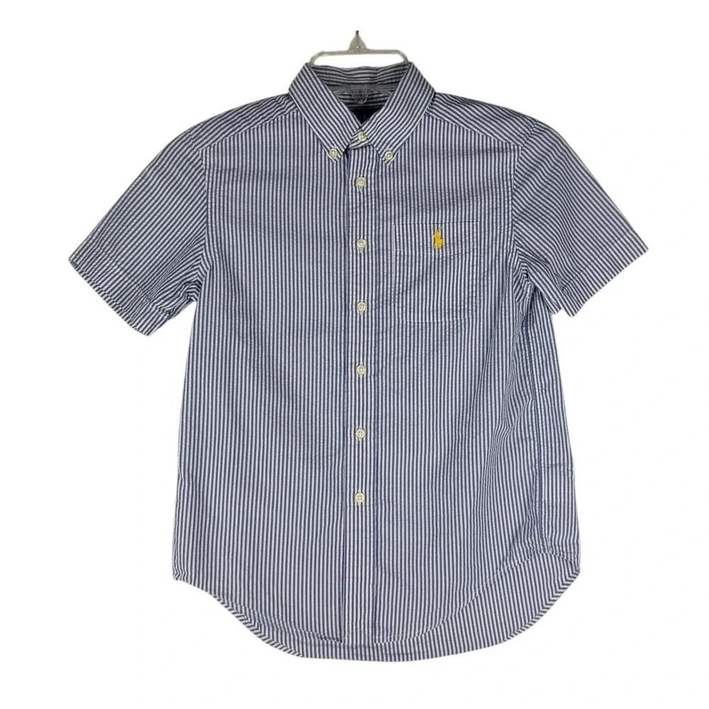 Ralph‎ Lauren Boys Blue White Striped Short Sleeve Button Down Shirt Size 8 S/P