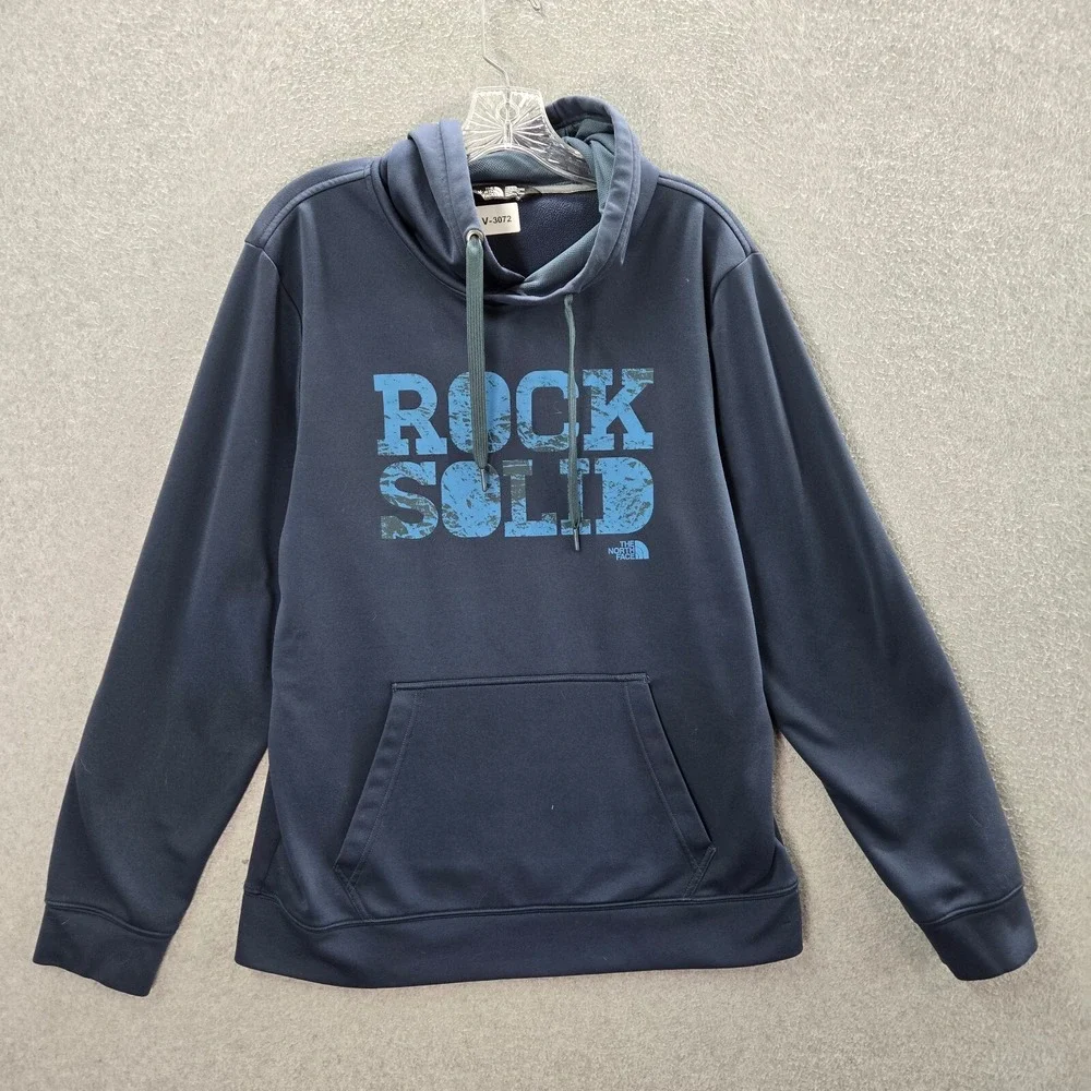 The North Face Men Sweatshirt Medium Blue Hoodie Logo Rock Solid Fleece Pullover