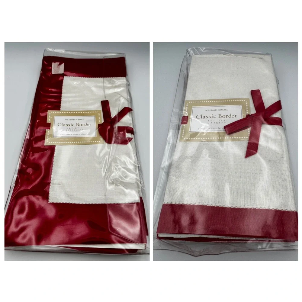 NWT Williams Sonoma Classic Border Red Cream 4 Placemats 4 Napkins Discontinued