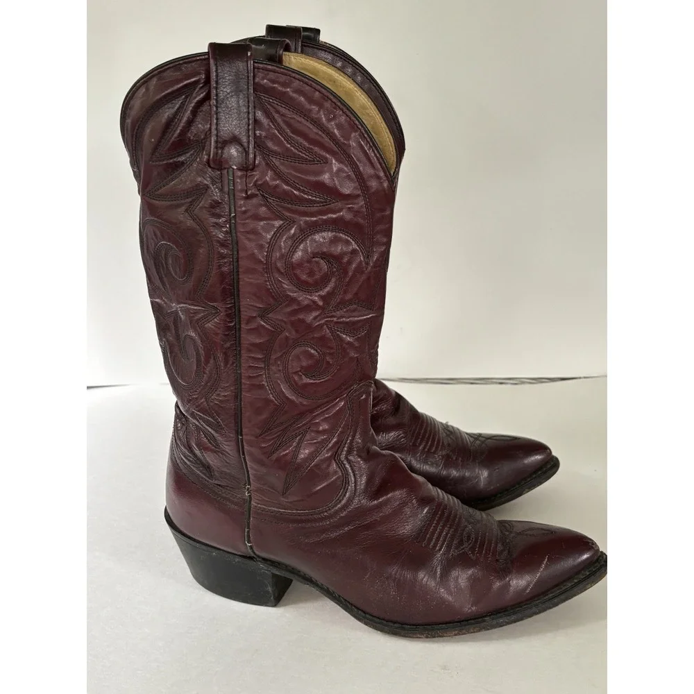 Mens 10D Burgundy Leather Western Cowboy Boots Pointed Toe