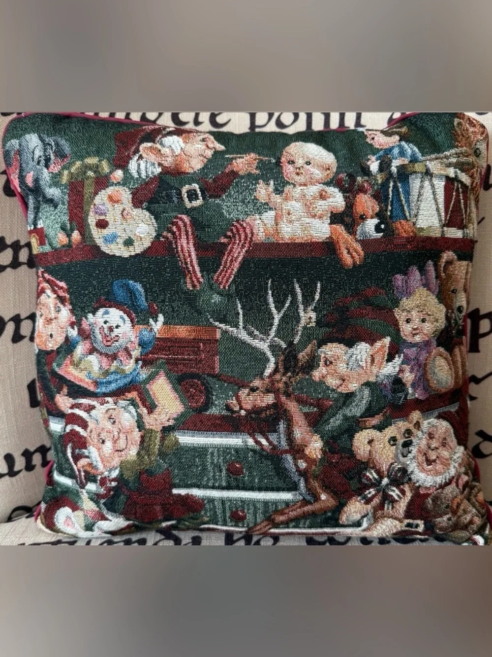 Vintage Holiday Tapestry Pillow - Multicolor Santa’s Toy Workshop Elves