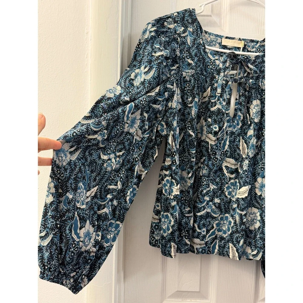 Ulla Johnson Issa Blouse Midnight Blue Floral Puff Sleeve Sz 10 NWT Cottagecore