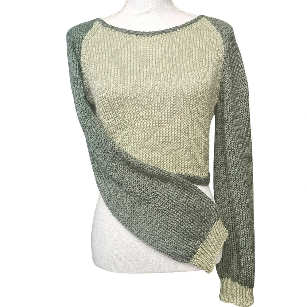 Handmade Knit Cropped‎ Sweater – Two Tone Green | Size Small-Medium