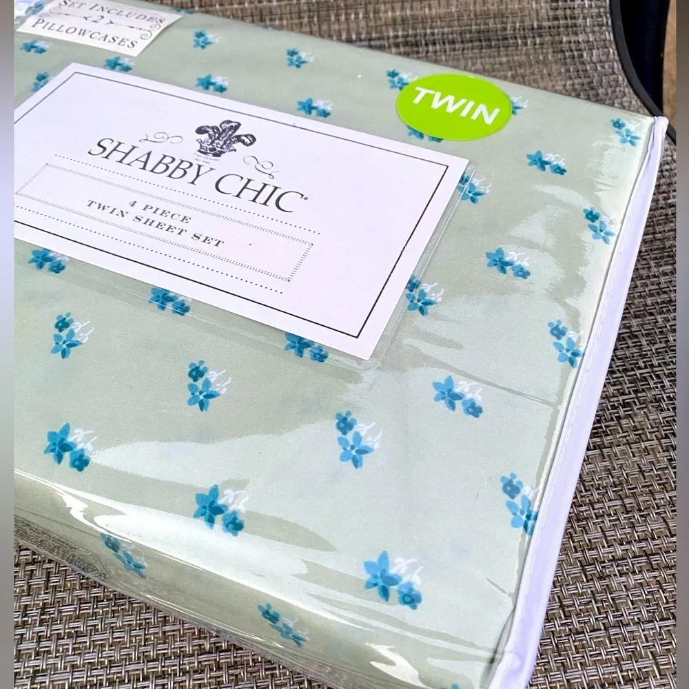 Shabby Chic Blue Floral Green Polyester TWIN Sheet Set 4pc