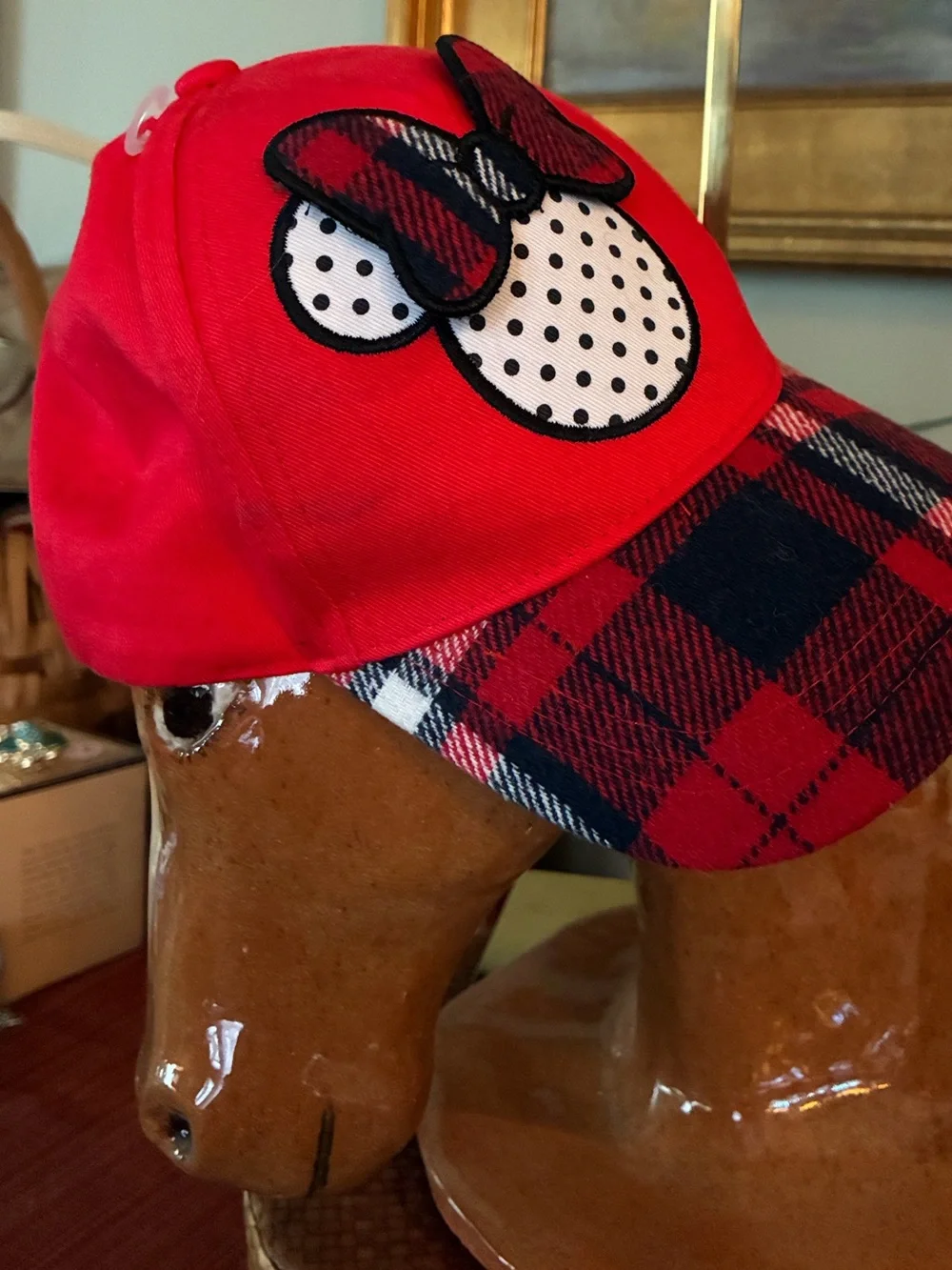 Disney Red Plaid Bow Kids Baseball Cap Adjustable back