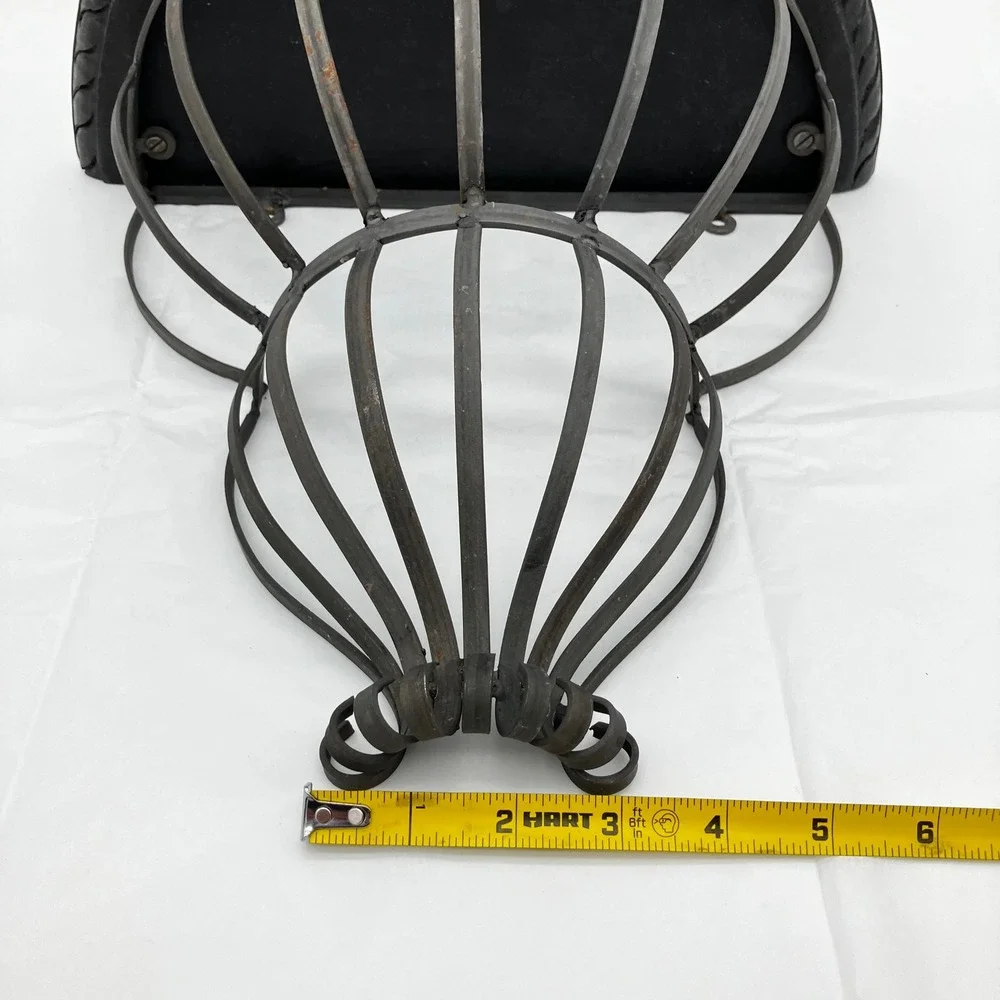 Wall Sconce Shelf 12x10 Black Wrought Iron Cage Carved Wood Top Vintage