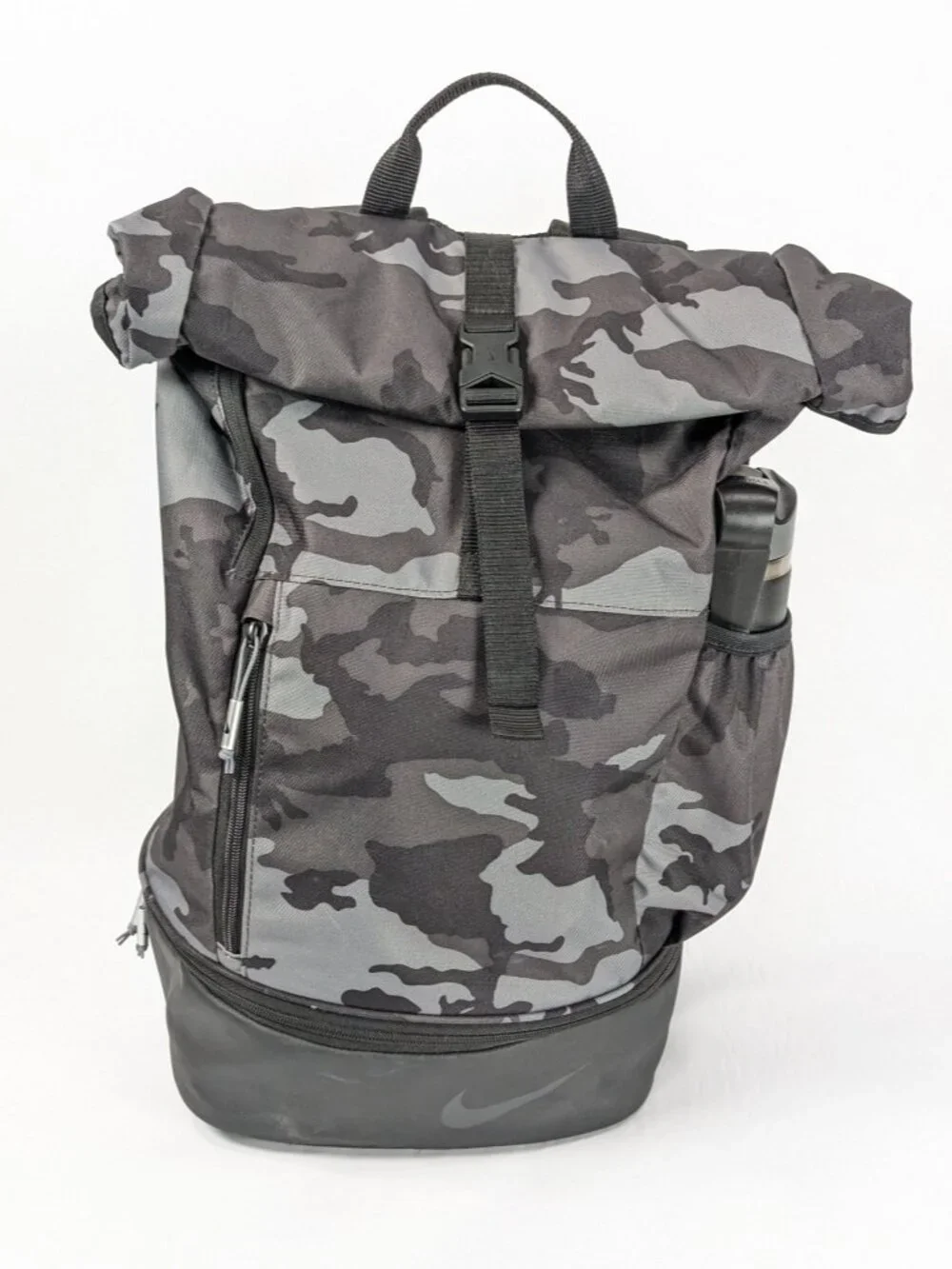 Nike Roll-Top Backpack Grey Camouflage Print with H2Go 20.9oz Stainless Bottle