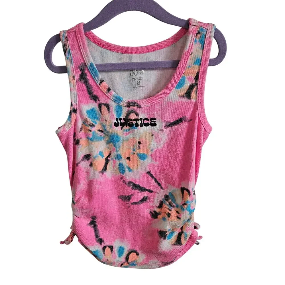 Justice Ribbed Tank Top Hot Pink Floral Tie Dye Side Cinch Summer Girls Size M