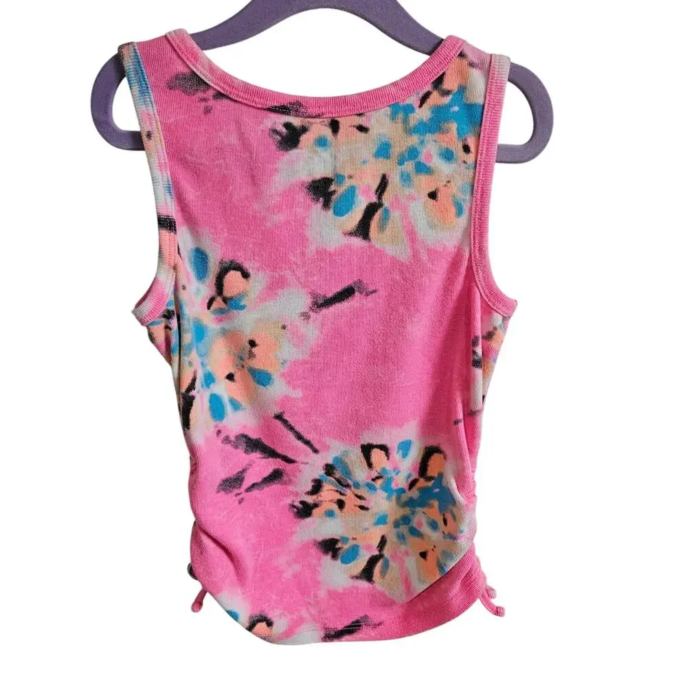 Justice Ribbed Tank Top Hot Pink Floral Tie Dye Side Cinch Summer Girls Size M