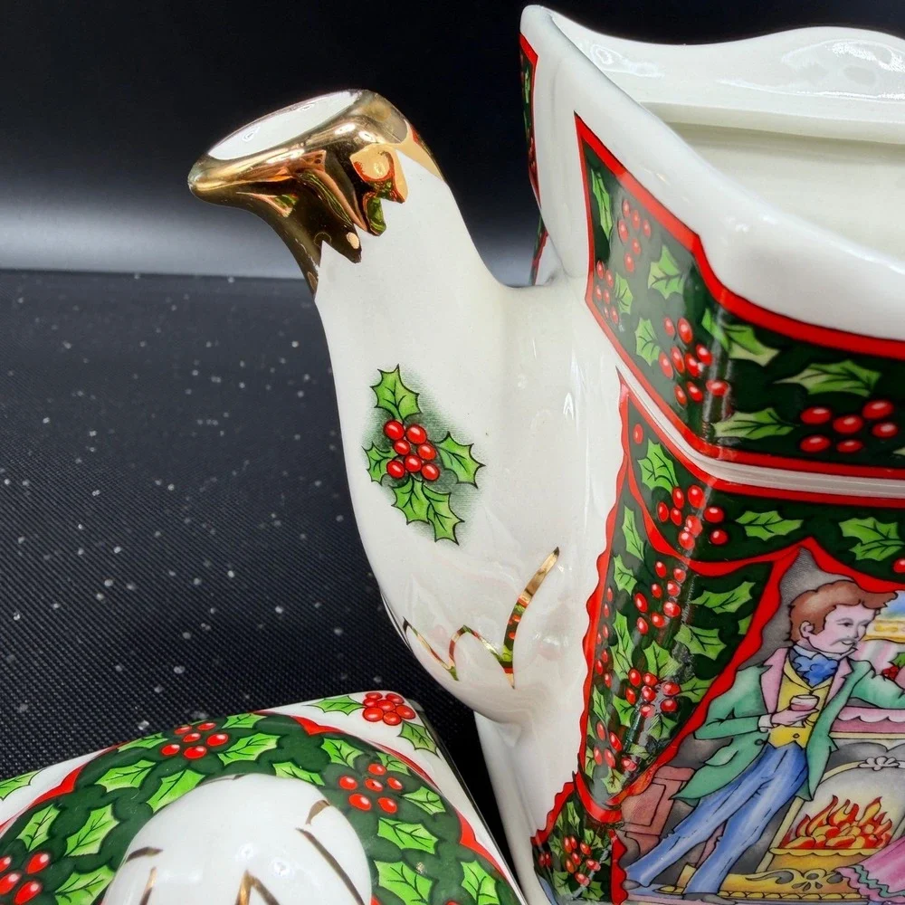 Sadler‎ Christmas Morning Teapot 1992 England Holiday Victorian Scene Gold Trim