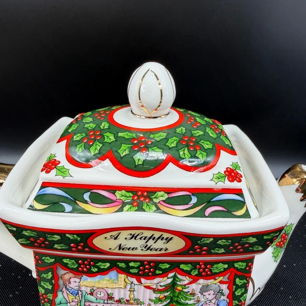 Sadler‎ Christmas Morning Teapot 1992 England Holiday Victorian Scene Gold Trim