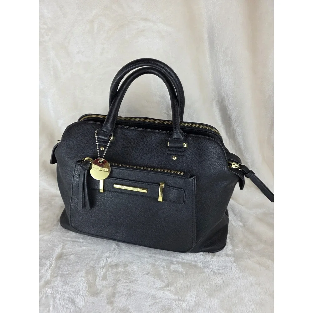 Steve Madden Black Faux Leather Dome Satchel Handbag With Gold‎ Hardware