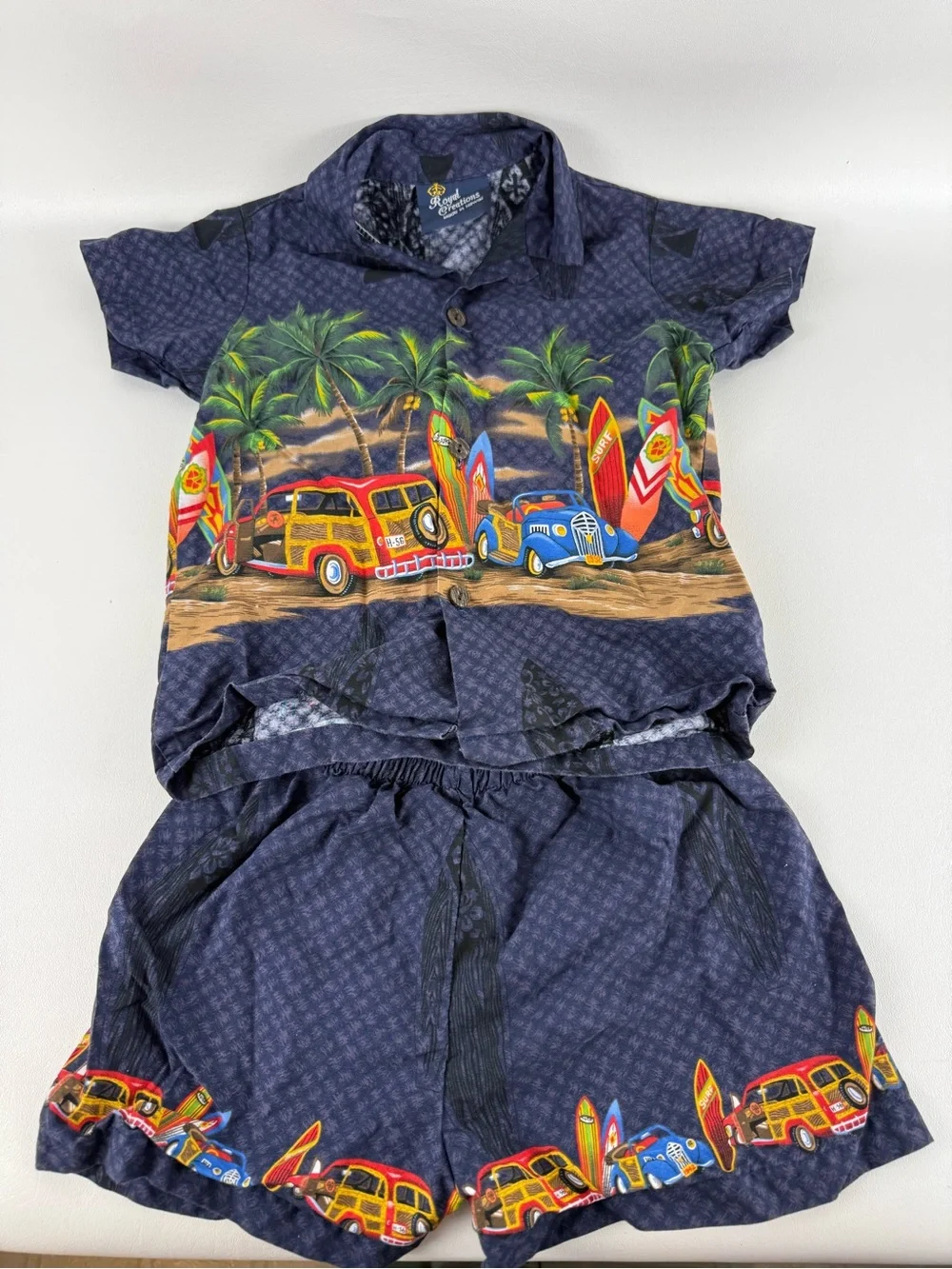 Vintage Royal Creations Made in Hawaii Kids Hawaiian Shirt Shorts Set Woodie Car