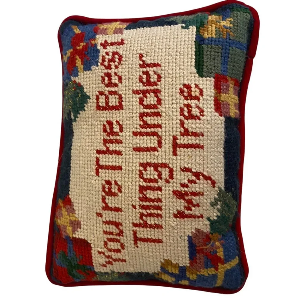 Vtg Needlepoint Christmas Pillow Your'e The Best Thing Under‎ My Tree Red Velvet