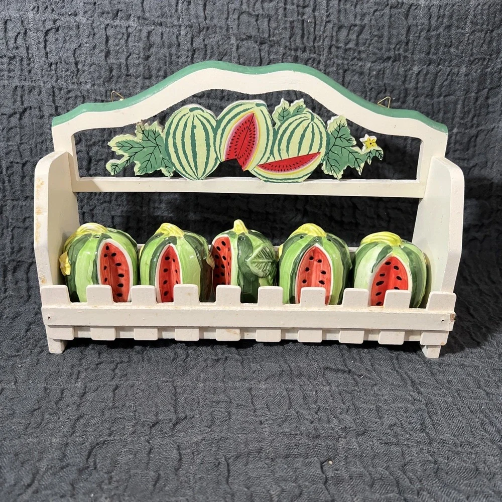 Vintage Wooden Spice Rack with 5 Ceramic Bottles Watermelon‎ Shaped