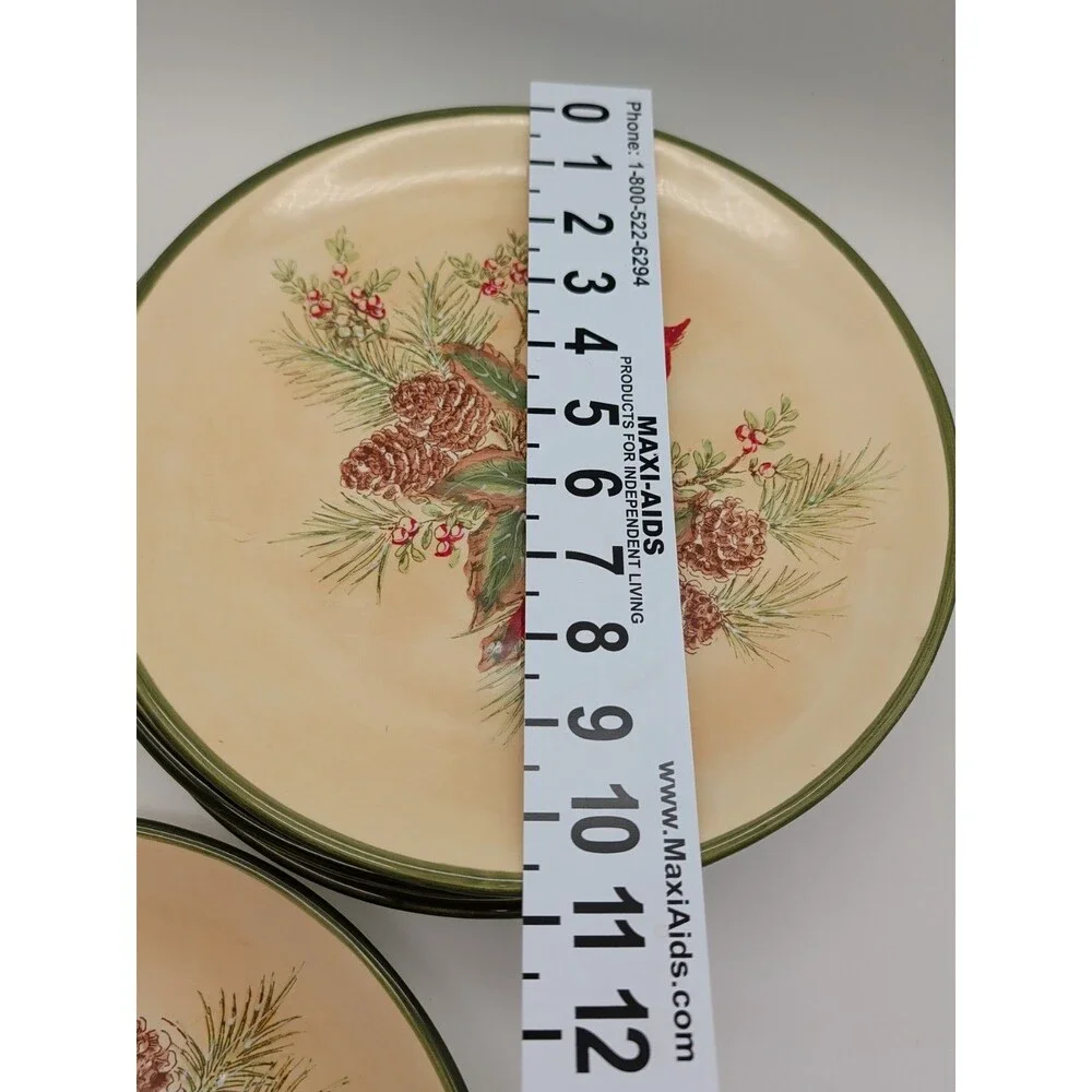 5 Pacific Rim Cardinal Dinner Plates Pine Boughs Cones Holly Berries Winter