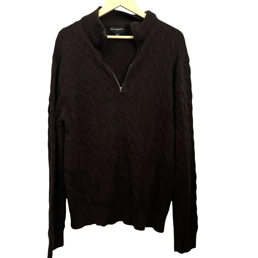 Banana Republic Men's Dark Brown 1/4 Zip Cotton Cableknit Sweater Size‎ XL