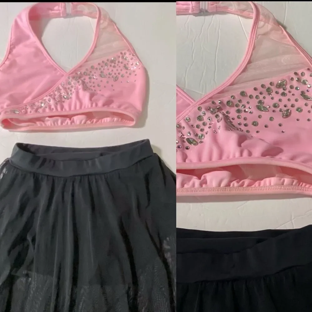 LA dance solo custom pink top 2 piece rhinestoned costume illusion SA adult