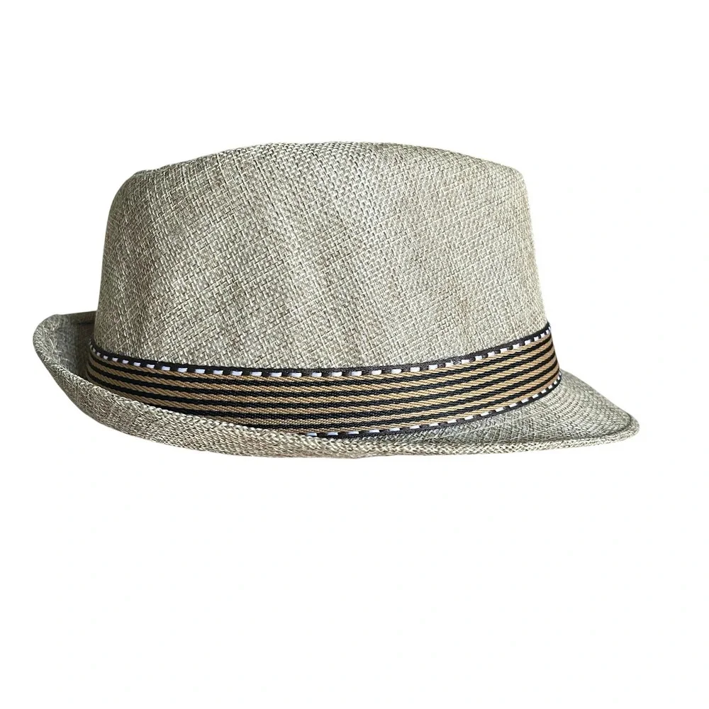 Kids Tan‎ Woven Fedora Hat Striped Band Size 54 Summer Trilby Sun Hat