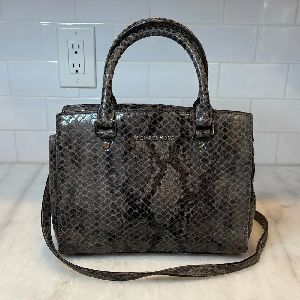 Michael Kors Purse Bag Handbag Snakeskin Selma Python Convertible Tote Satchel